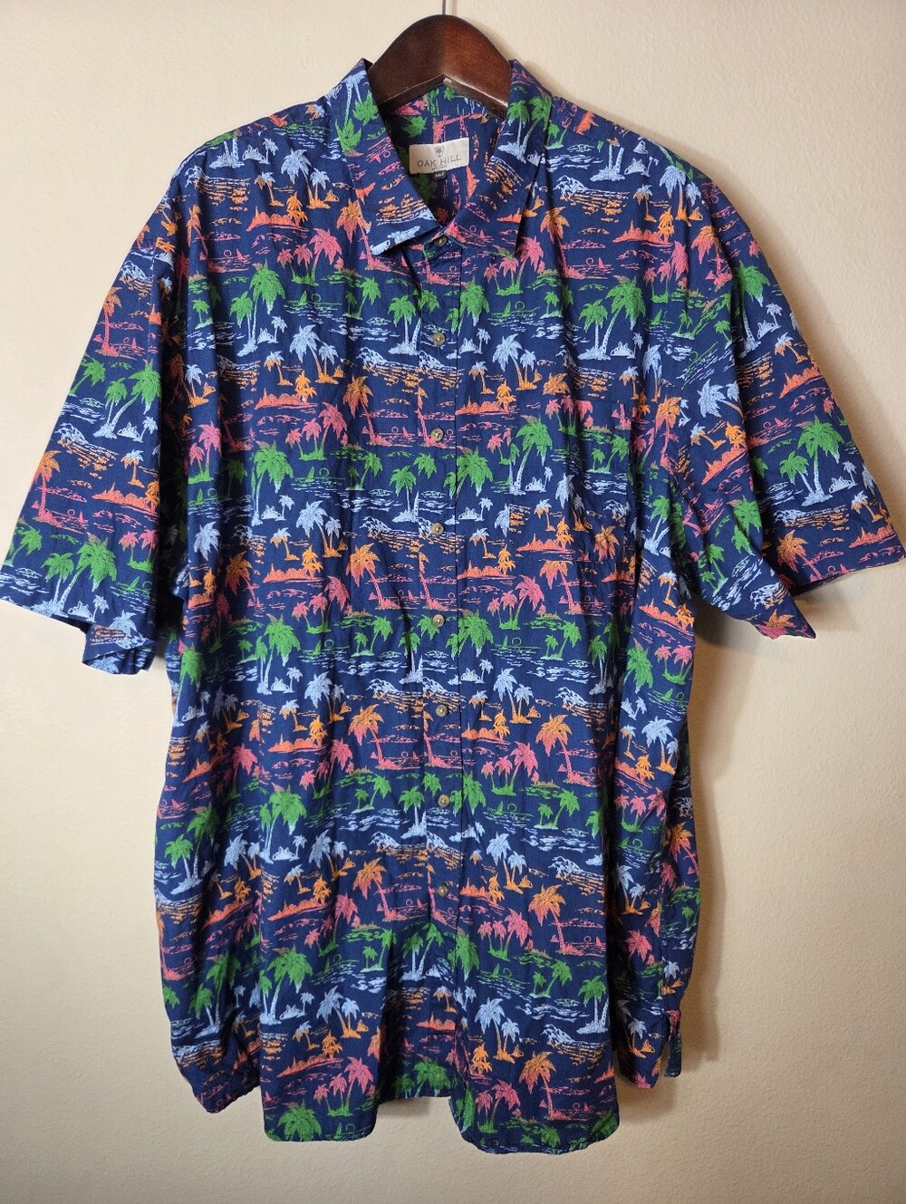 Oak Hill Short Sleeve Button Shirt 3XLT Blue Green Pink Graphic Palm Cotton
